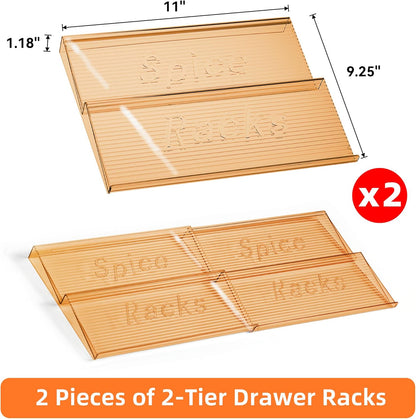 Spice Drawer Organizer, 2 Tier- 2 Pack Amber Acrylic Drawer Seasoning Organizer, Expandable from 11'' to 22'' Kitchen Spice Rack Organizers and Storage for Drawer (Jars Not Included)