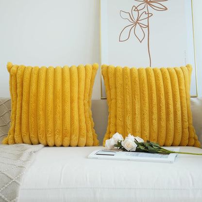 Pack of 2 Faux Fur Plush Decorative Throw Pillow Covers Couch Cushion Case Soft Pillowcases (Mustard Yellow, 20 X 20-Inch)