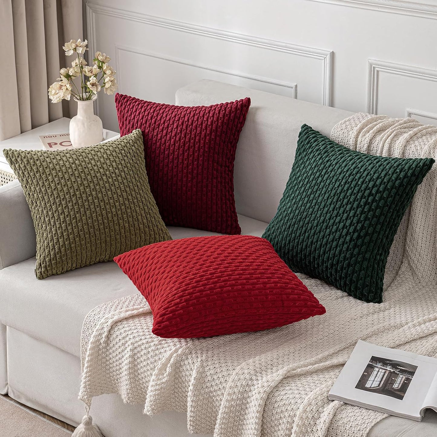 Christmas Army Green Throw Pillow Covers Soft Corduroy Decorative Set of 2 Boho Striped Pillow Covers Pillowcases Farmhouse Home Decor for Couch Bed Sofa Living Room 18X18 Inch