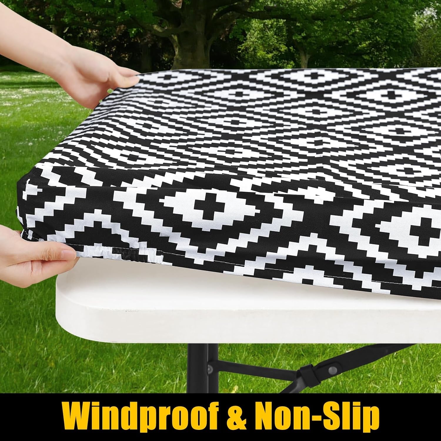 Rectangle Picnic Table Cloth, Waterproof Elastic Fitted Outdoor Tablecloths for 6 Foot Tables, Wipeable Flannel Backed Vinyl Table Cover for Camping, Dining and Indoor (30"X72", Black)
