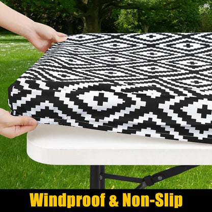 Rectangle Picnic Table Cloth, Waterproof Elastic Fitted Outdoor Tablecloths for 6 Foot Tables, Wipeable Flannel Backed Vinyl Table Cover for Camping, Dining and Indoor (30"X72", Black)