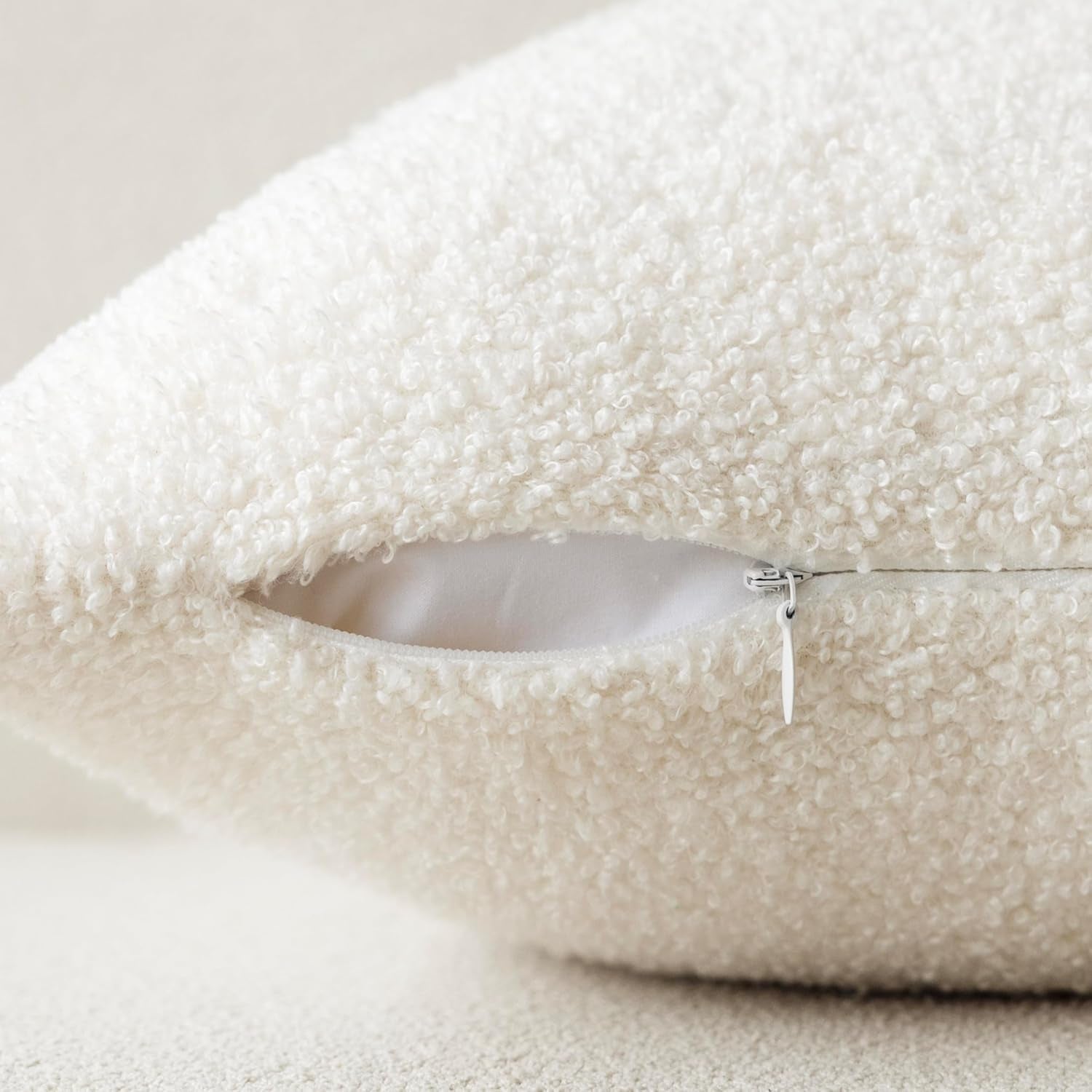 Pack of 2, Curly Faux Fur Decorative Throw Pillow Covers Soft Neutral Plush Cushion Case with Zipper Cozy Pillowcase for Home Living Room Couch Bed Sofa 16 X 16 Inch, Cream White