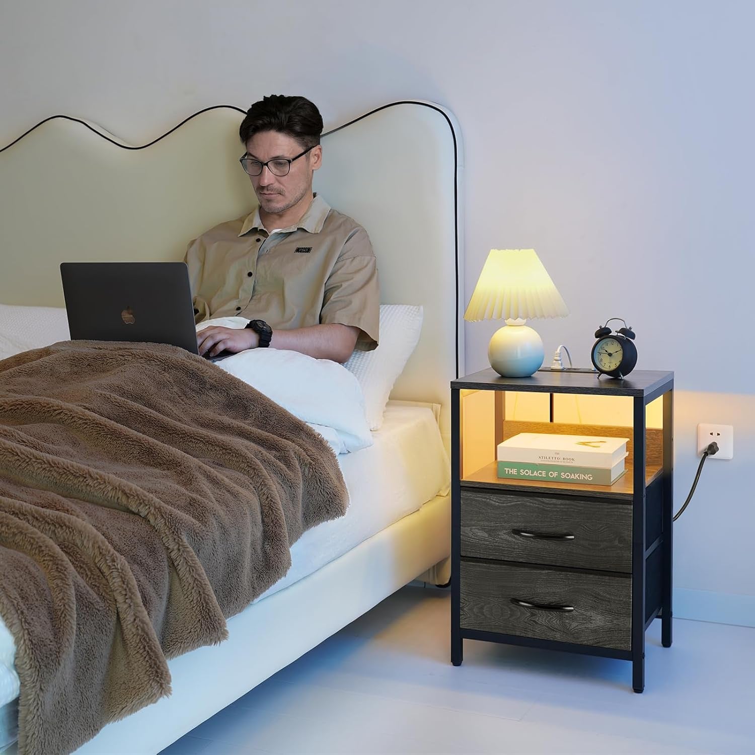 Nightstand with Charging Station, LED Night Stand with Fabric Drawers and Storage Shelf for Bedroom, Nightstands Bedside Tables with USB Ports & Outlets, Small Night Stands, Bed Side Table