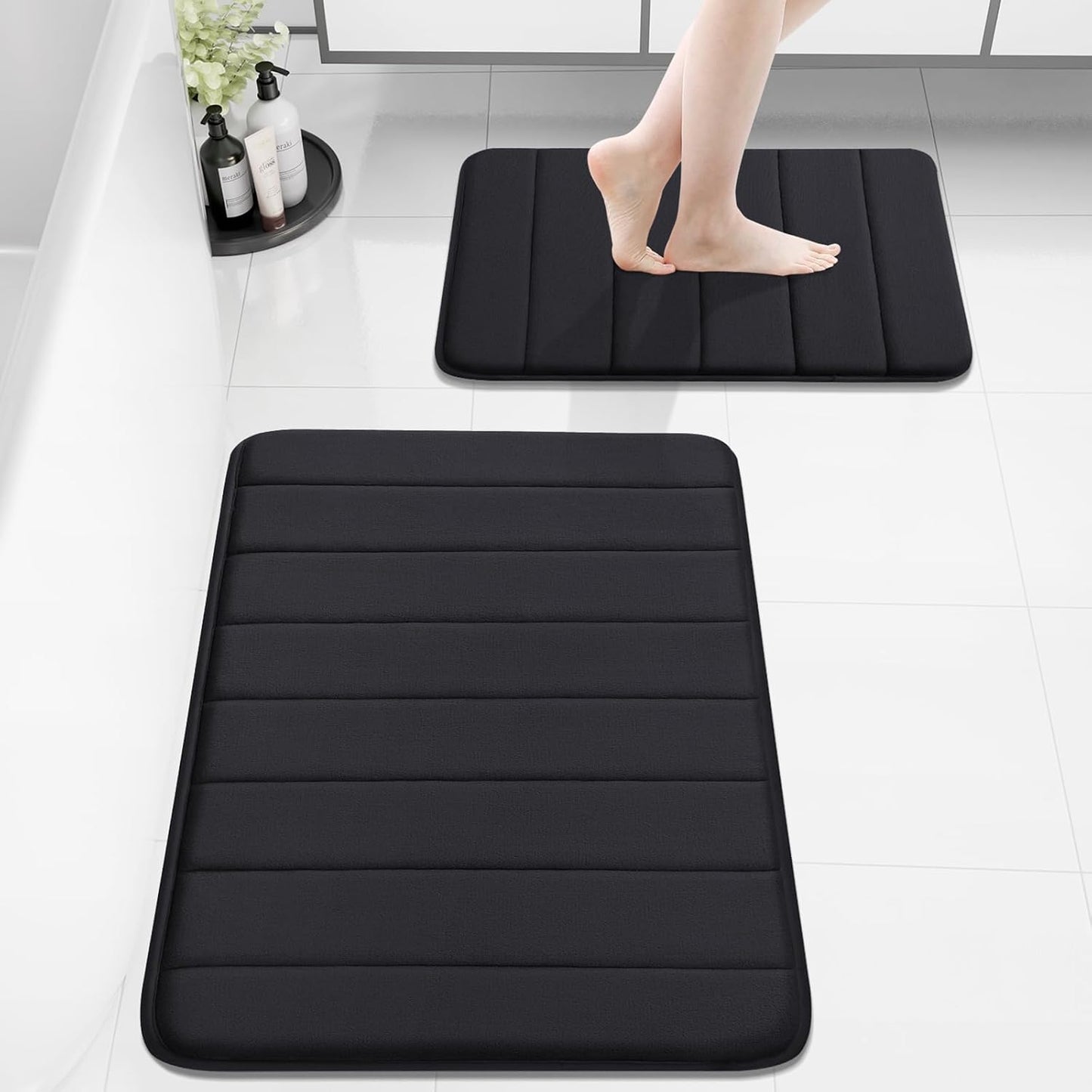 Bathroom Rug and Mat Set, 2 Piece Memory Foam Bath Mat Set, Machine Wash Dry, Soft Non Slip Absorbent Bath Rug for Bathroom, Shower and Tub (30" X 20"+24" X 16", Black)