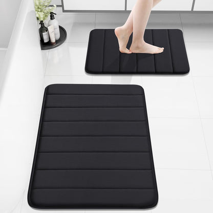 Bathroom Rug and Mat Set, 2 Piece Memory Foam Bath Mat Set, Machine Wash Dry, Soft Non Slip Absorbent Bath Rug for Bathroom, Shower and Tub (30" X 20"+24" X 16", Black)