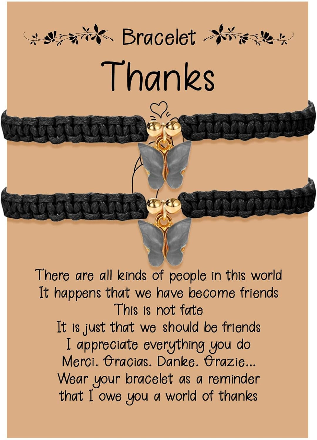 2Pcs Rope Woven Friendship Bracelets Best Friends String Matching Handmade Adjustable Butterfly Charm Cord Bracelets for Women Girls Lovers Couples Christmas Thanksgiving Gifts with Thanks Cards