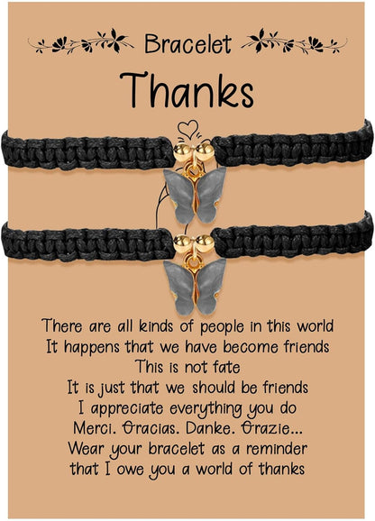 2Pcs Rope Woven Friendship Bracelets Best Friends String Matching Handmade Adjustable Butterfly Charm Cord Bracelets for Women Girls Lovers Couples Christmas Thanksgiving Gifts with Thanks Cards