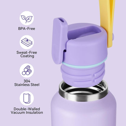 12Oz Toddler Cup, Kids Water Bottle for School Boys&Girls, 304 Stainless Steel Insulated Water Bottle with Straws, Bpa-Free, Purple