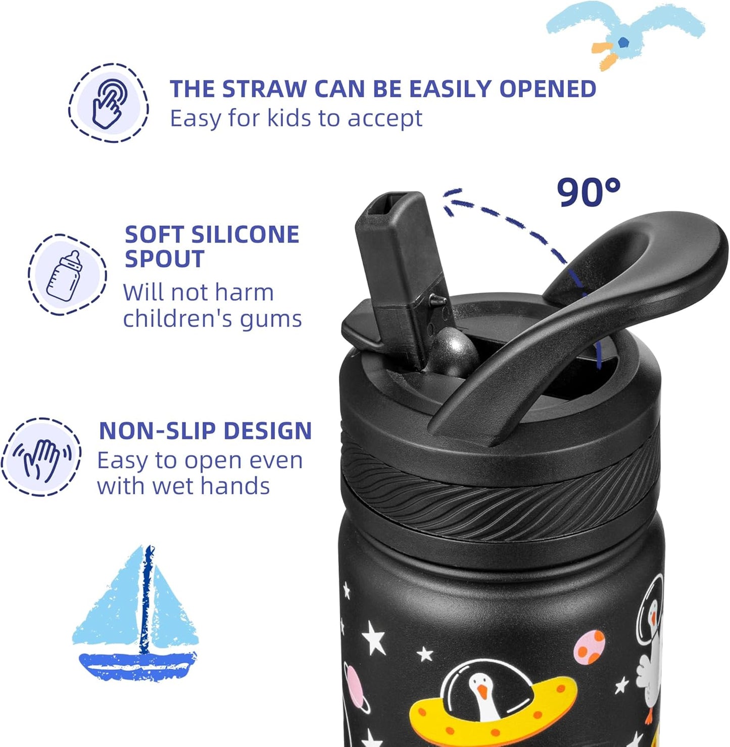14 Oz Kids Insulated Water Bottle with Straw - Stainless Steel Double Wall Vacuum Cup, Leakproof, BPA Free, Suitable for Boys and Girls(Black - Duck in Space)