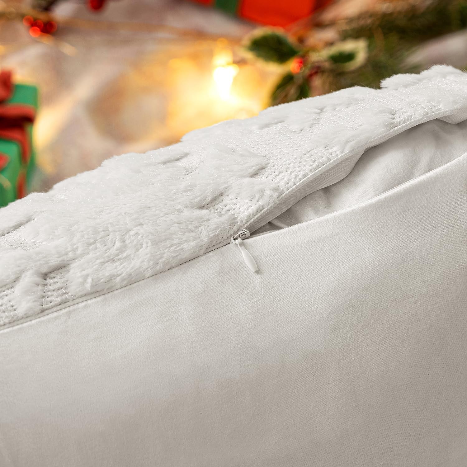 Christmas Snowflake Decorative Throw Pillow Covers Set of 2,Soft Fluffy Faux Wool Winter Holiday Couch Pillows for Farmhouse Boho Home Decor Sofa Bed Porch Living Room 18X18 Inch Pure White