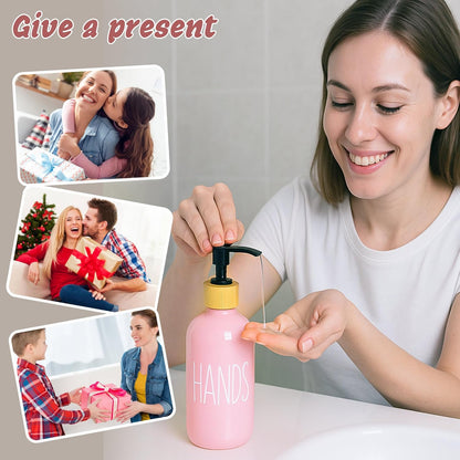 16 OZ Pink Soap Dispenser Women,2 Pack Glass Refillable Dish and Hand Bottles Set Pump Bottle,House Decor Kitchen Accessories with Wooden Pallet Girly