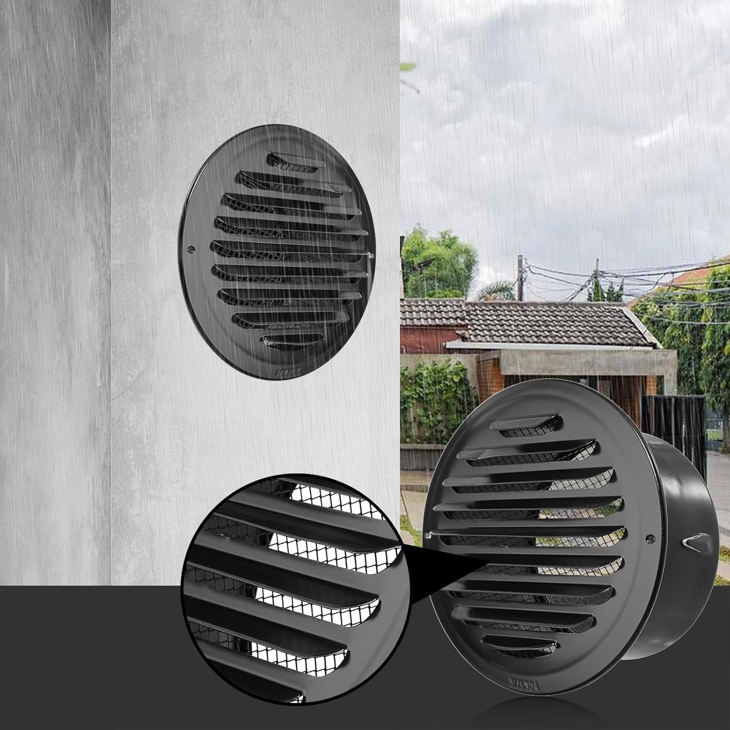 6-Inch Round Black Stainless Steel Air Vent Cover with Built-In Fine Mesh for Kitchen, Bathroom, Garage, Office, and Warehouse Ventilation