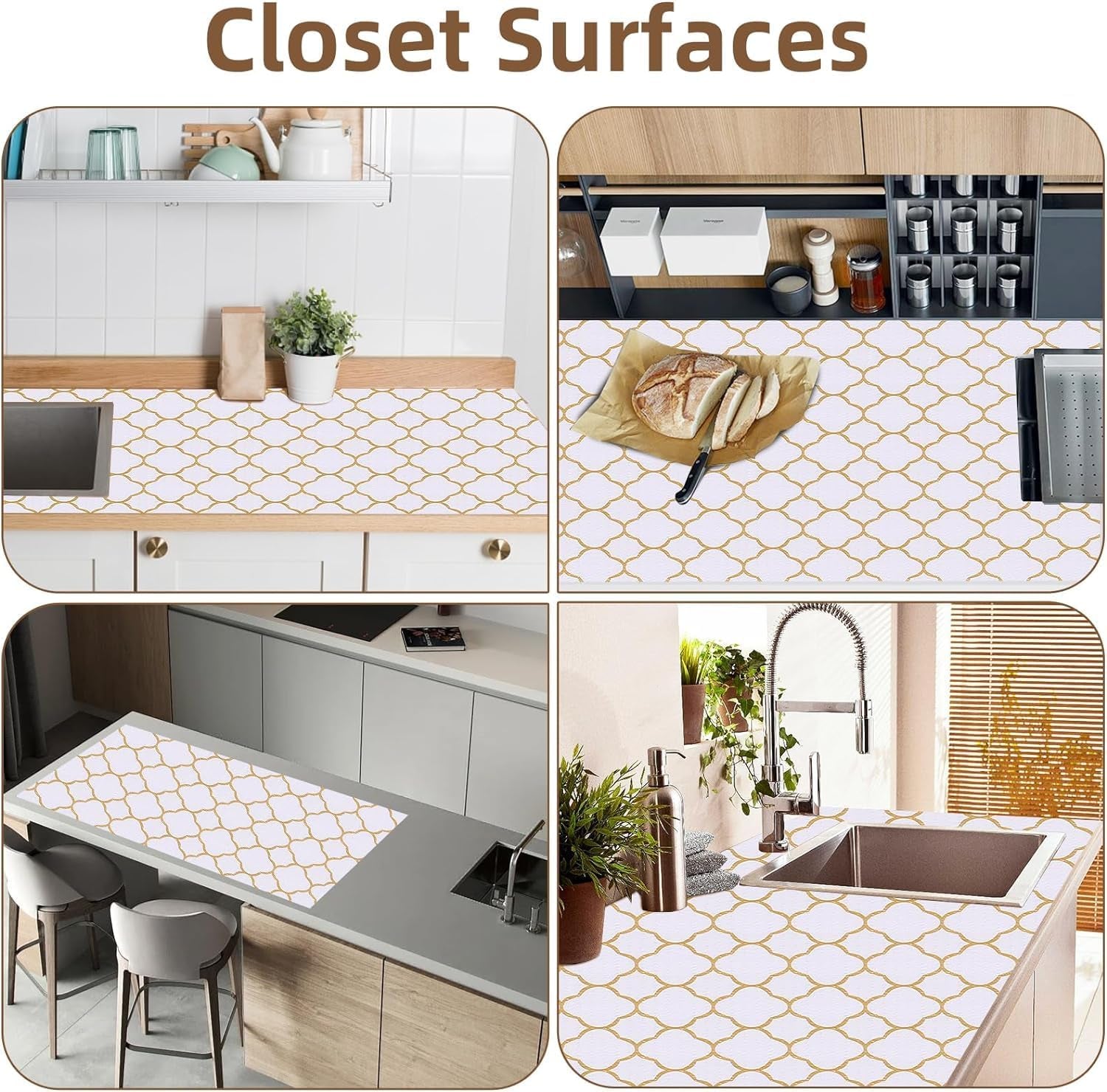 Shelf Drawer Liners for Kitchen Cabinets Non Adhesive Drawer Liner Thickened Refrigerator Liner Gold Quatrefoil Strong Non-Slip Paper for Tool Box with Knife and Tape Measure,11.8 X 118 Inches