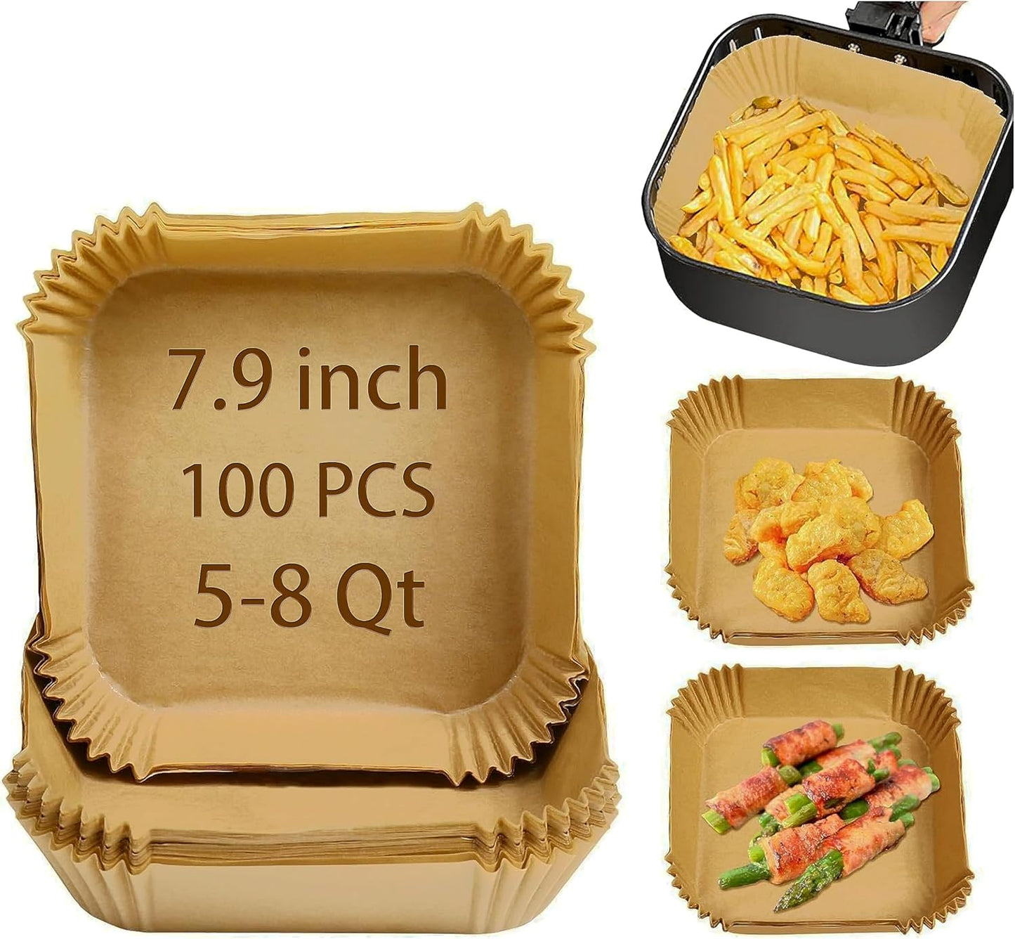 Air Fryer Liners Disposable Compatible with COSORI Air Fryer 6 Qt, 100 Pcs Unbleached Parchment Paper for 5-8 Qt 7.9 Inch Square Parchment Paper for Baking Non-Stick