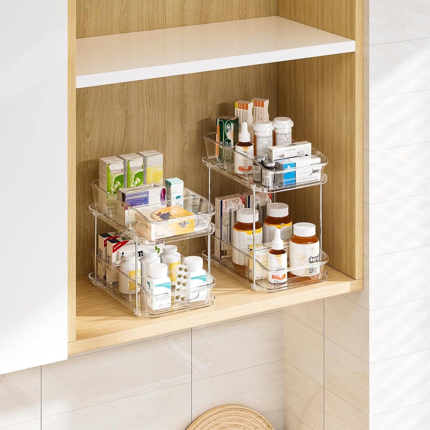 3 Pack Bathroom Organizers and Storage, 2 Tier Clear under Sink Organizer, Pull Out Medicine Cabinet Organizer