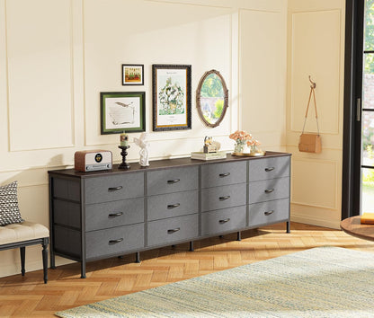 70-Inch Dark Grey Dresser and TV Stand for 65-80 Inch TVs, 12-Drawer Storage Organizer Unit for Bedroom and Living Room