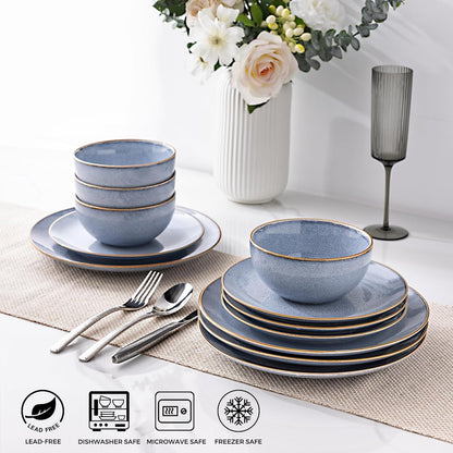 Ceramic Dinnerware Set for Four - 12-Piece Stoneware Plate and Bowl Collection with Reactive Glaze, Scratch Resistant, Dishwasher and Microwave Safe - Brunnera Blue
