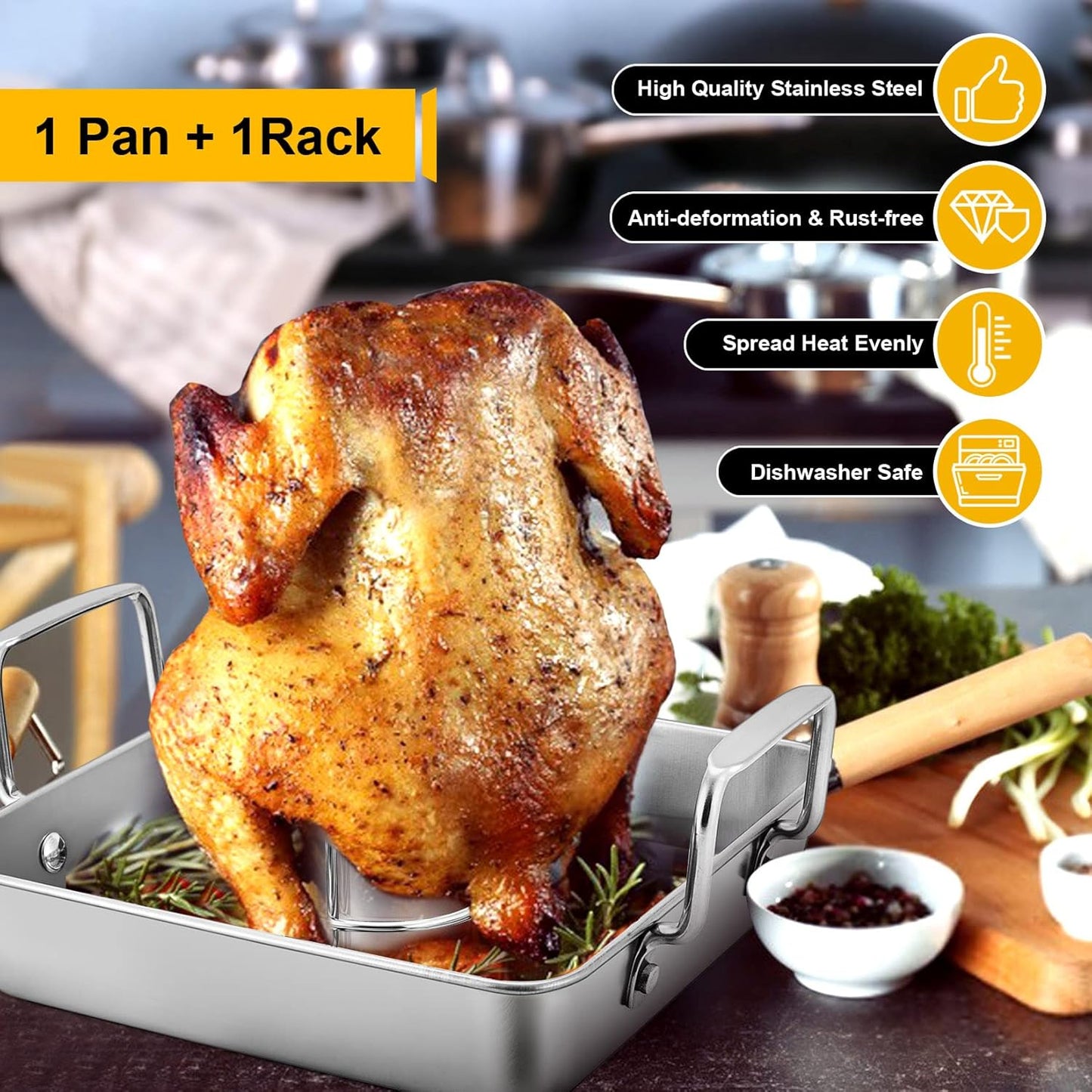 Beer Can Chicken Holder with Roasting Pan Set, 9-Inch Stainless Steel Square Baking Pan and Chicken Rack for Grilling, Heavy Duty & Dishwasher Safe, 2Pcs