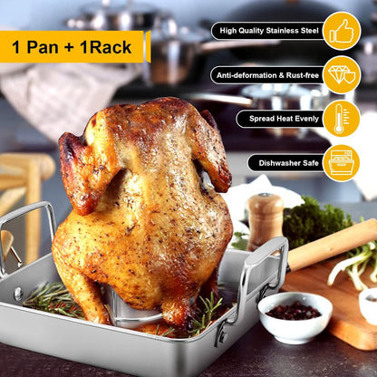 Beer Can Chicken Holder with Roasting Pan Set, 9-Inch Stainless Steel Square Baking Pan and Chicken Rack for Grilling, Heavy Duty & Dishwasher Safe, 2Pcs