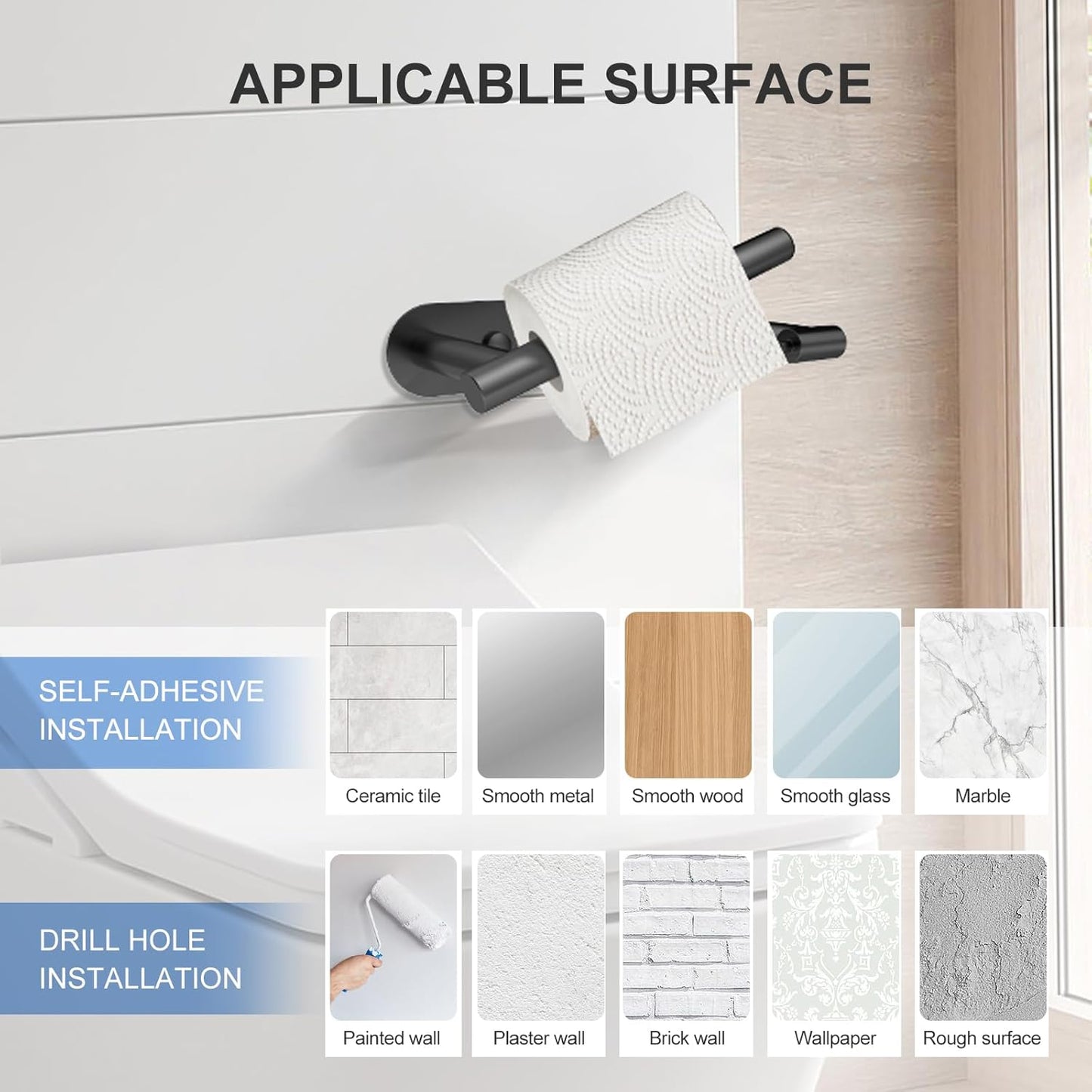 Toilet Paper Holder Adhesive or Screw-In Matte Black Bathroom Toilet Paper Roll Holders Wall Mount Stainless Steel Tissue Holder for Bathroom Hardware Accessories