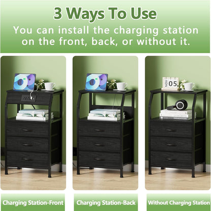 Black Oak Night Stand with Charging Station - 28.3 Inch Tall Side Table Featuring Fabric Drawers, Storage Shelf, USB Ports, and Outlets for Versatile Bedroom Use