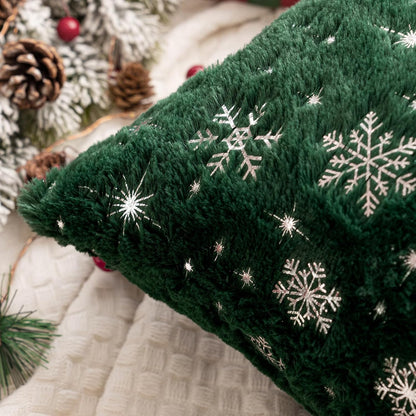 Set of 2 Christmas Decorative Throw Pillow Covers Soft Faux Fur Winter Pillow Covers with Silver Snowflake Glitter Holiday Festival Pillowcases for Couch Sofa Bed, 18×18Inch, Dark Green