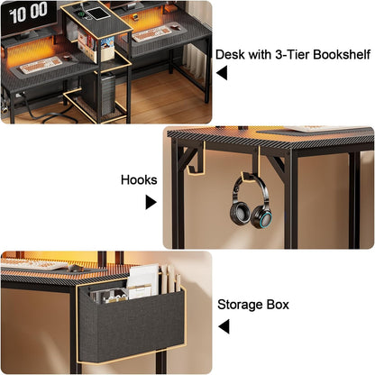 2 Person Gaming Desk with LED Lights, 71 Inch Computer Desk with Power Outlets and Monitor Stand, Double Desk with Storage Bag and Headphone Hooks, Study Writing Table for Home Office, Black