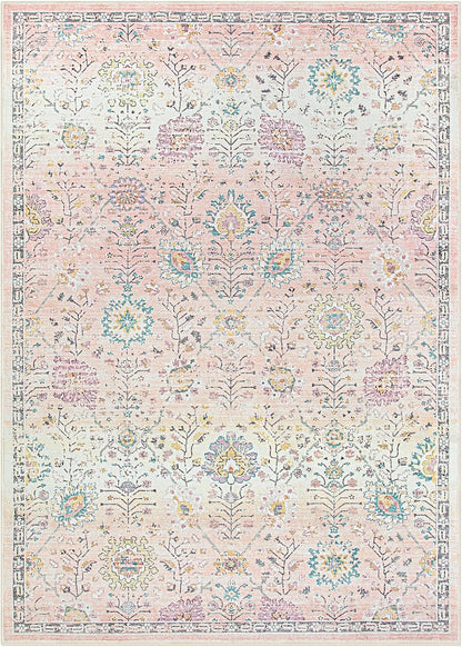 Pink Boho Area Rug for Nursery, 5X7 Washable Pink Rugs for Bedroom Girls Kids Room Living Room, Floral Pastel Carpet Non Slip for Classroom Playroom Dorm
