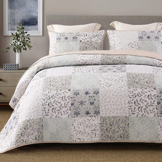 Queen Size Reversible Boho Quilt Set, 3-Piece Patchwork Gray All-Season Bedspread, Ultra-Soft Floral Coverlet with Printed Pattern (Includes 1 Quilt and 2 Pillow Shams)