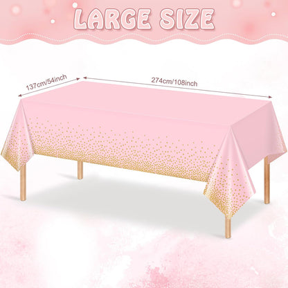 1 Pack Pink and Gold Plastic Tablecloth for Parties, Pink Disposable Table Cloth for Rectangle Tables, Gold Stamping Dot Confetti Light Pink Tablecloth for Birthday Wedding Baby Shower Party, 54X108"