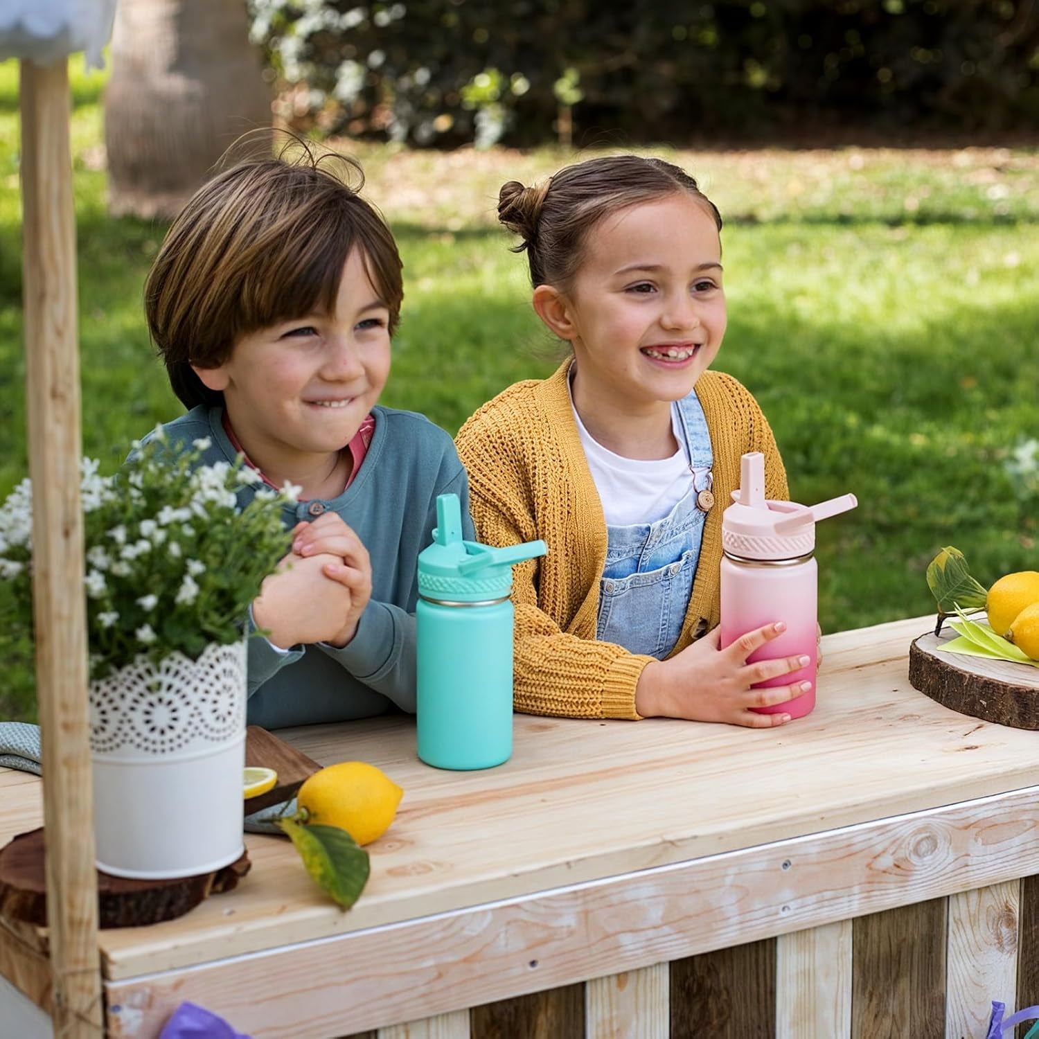 12 Oz Toddler Bottle, Kids Water Bottle for School Boys&Girls with Straws Lids, 304 Stainless Steel Vacuum Insulated Thermos, Bpa-Free, Blue Black + Cherry Blossom