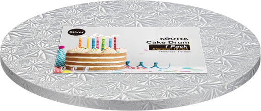 Cake Boards Drum 12 Inch Round, 1/2" Thick Decorating Supplies, Silver Sturdy Corrugated Cardboard Base, Base Para Pastel, 1 Pack
