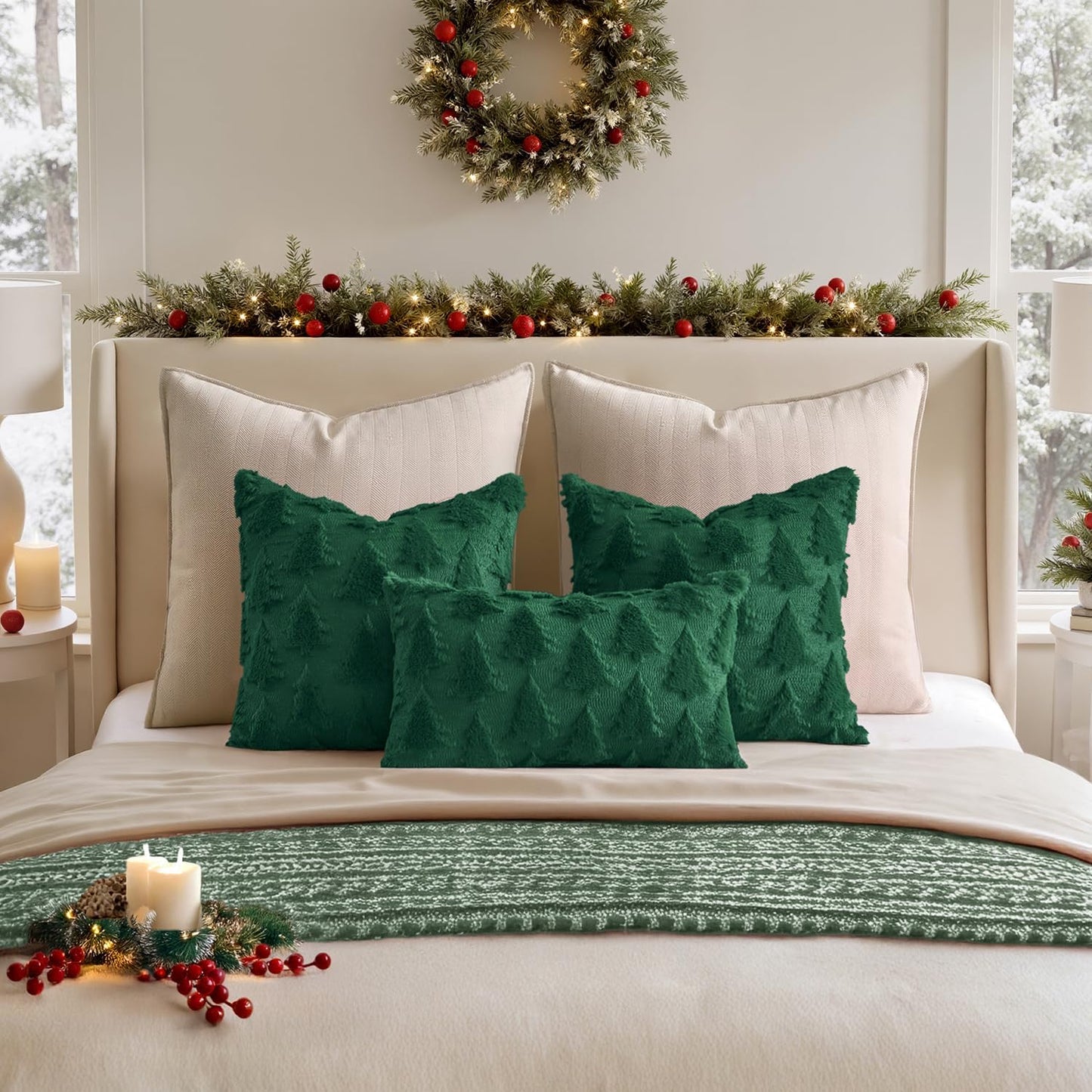 Christmas Throw Pillow Covers Dark Green Christmas Decorations Set of 2 Xmas Tree 18X18 Pillow Covers Soft Plush Faux Wool Pillowcases Holiday Festivals Winter Home Decor Sofa Couch Bed Porch