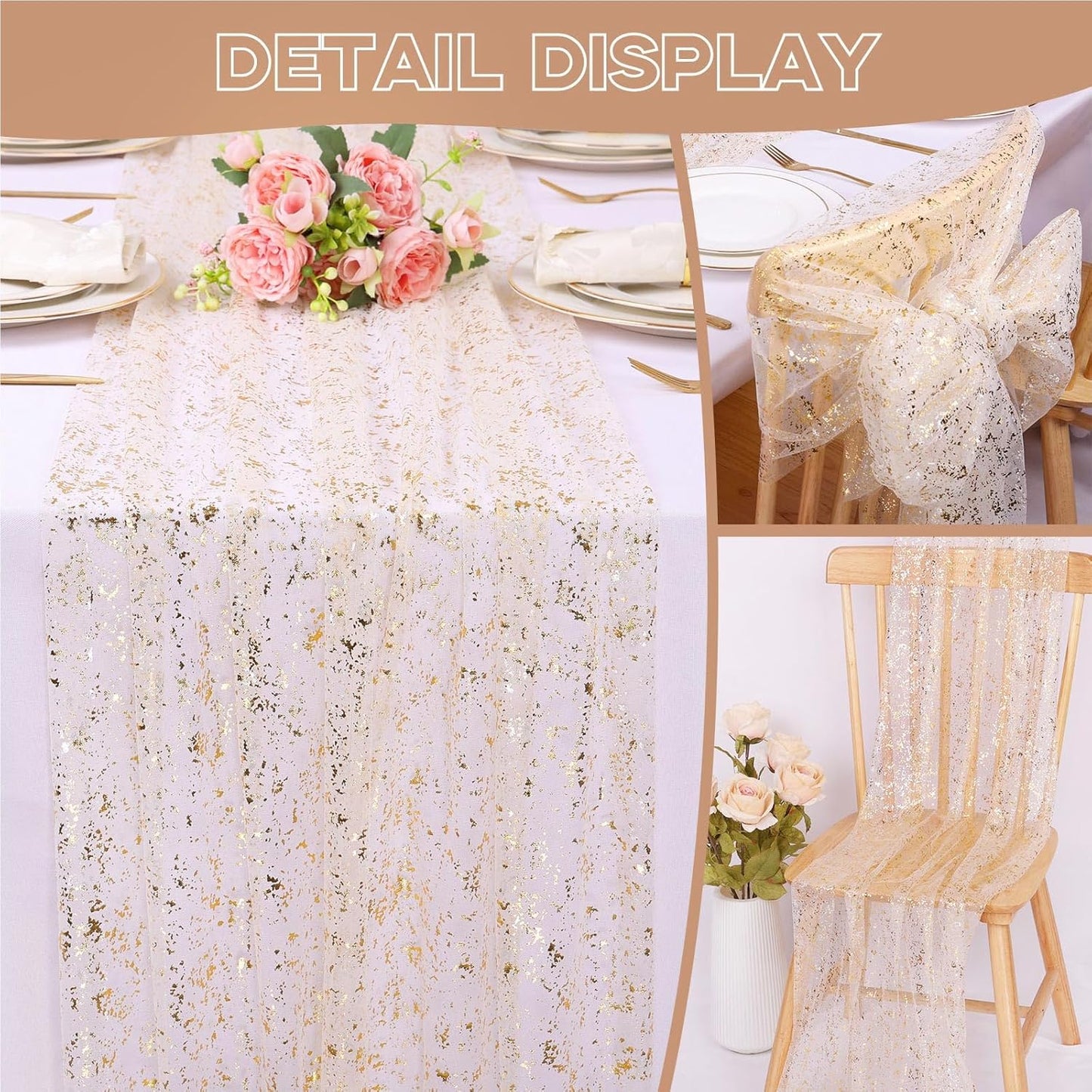 10 Ft Gold Table Runner 120 Inches Lightweight Reusable Cheesecloth Table Runner Suitable for Festivals Weddings Parties Sequin Table Runners or Daily Home Gold Party Decorations.