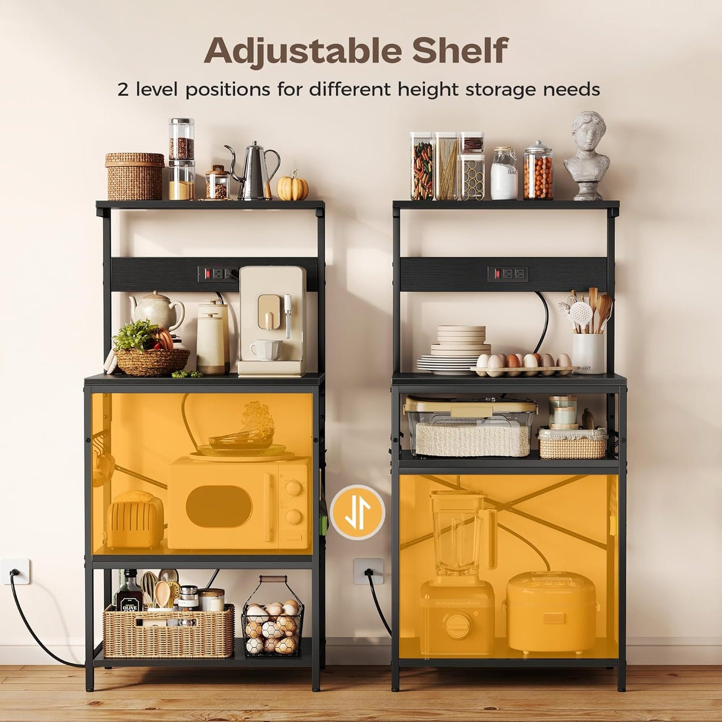 Professional Kitchen Bakers Rack with Power Outlet, Multi-Tier Coffee Bar Table, Microwave Stand with S-Shaped Hooks, and Storage Shelf for Spices, Pots, and Pans - Black