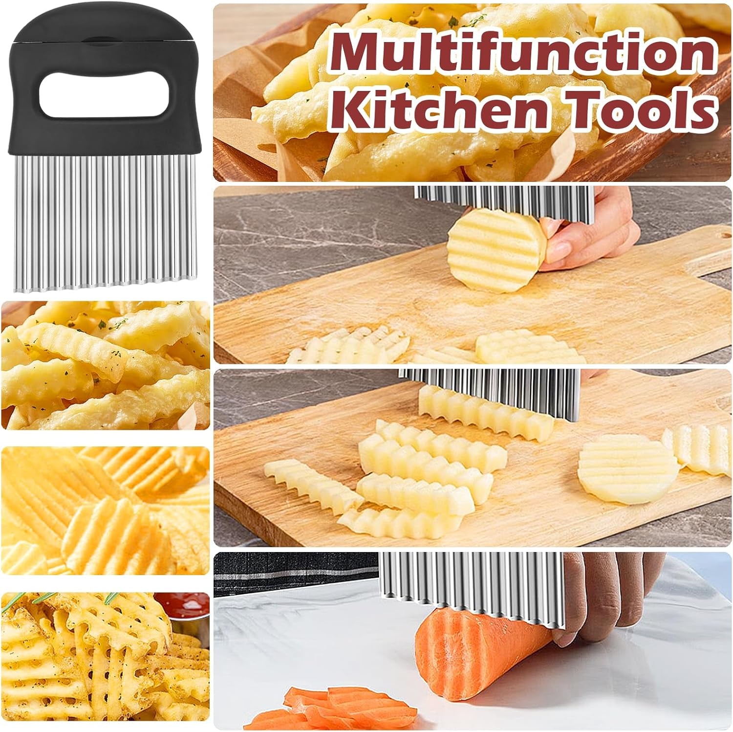2 in 1 Crinkle Cutter with Peeler – Stainless Steel Wave Potato Cutter, Crinkle Cut French Fry Slicer for Veggies, Cucumber Slicer Wavy Chopper Vegetable Cutting, Vegetable Peeler for Kitchen