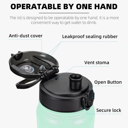 20 Oz Insulated Stainless Steel Vacuum Water Bottle with Anti-Dust Pop-Open Lid - for Kids, Women, Men | Leak & Sweat Proof (Green Pink)