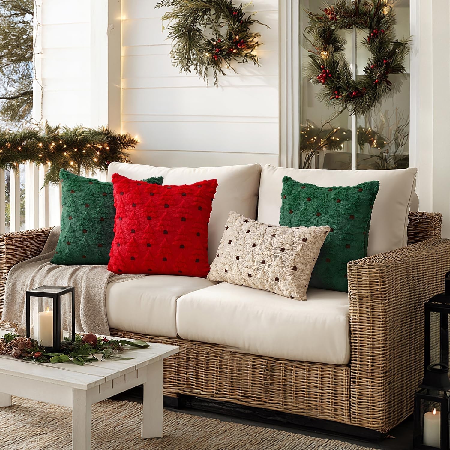 Christmas Tree Decorative Pillow Covers Faux Fur Wool Throw Pillows Soft Plush Cushion Covers Set of 2 Xmas Home Decor Winter Holiday for Sofa Couch Livingroom Bed 18X18 Inch Dark Green