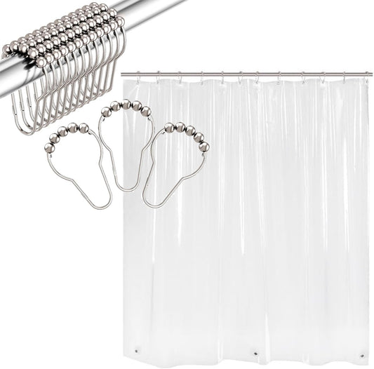 Shower Curtain Hooks and Medium Weight Shower Curtain Liner PEVA 72 X 84 Inchs