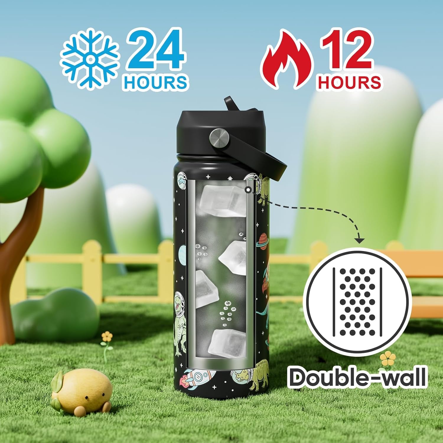 18 Oz Stainless Steel Insulated Water Bottle with Flip Straw and Handle, Leak-Proof Design, Cup Holder Compatible, Reusable for Travel, Gym, and School (Dinosaur)