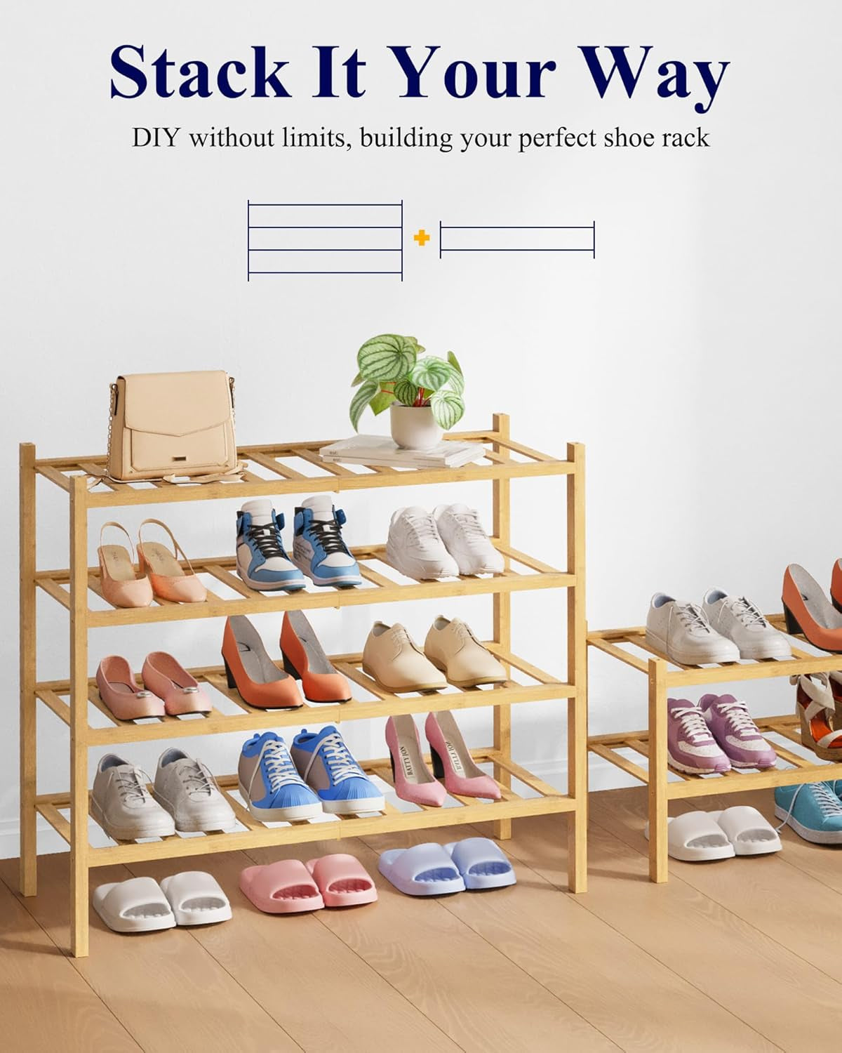 Bamboo Wooden Shoe Rack for Closet - Stackable Shoe Organizer with Modular Structure, Space-Saving Shoe Shelf for Entryway, Living Room, Bedroom, 26.8" X 11" X 18.9", Natural