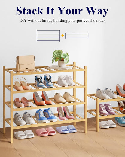 Bamboo Wooden Shoe Rack for Closet - Stackable Shoe Organizer with Modular Structure, Space-Saving Shoe Shelf for Entryway, Living Room, Bedroom, 26.8" X 11" X 18.9", Natural
