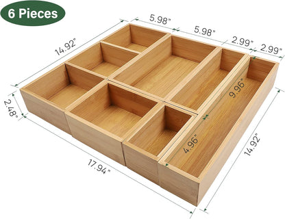 Bamboo Drawer Organizer with Removable Dividers, 6 Pcs Adjustable Kitchen Drawer Organizer Utensils Bamboo Organizers Silverware Storage Box Cutlery Tray Multi-Use for Bathroom, Makeup, Office