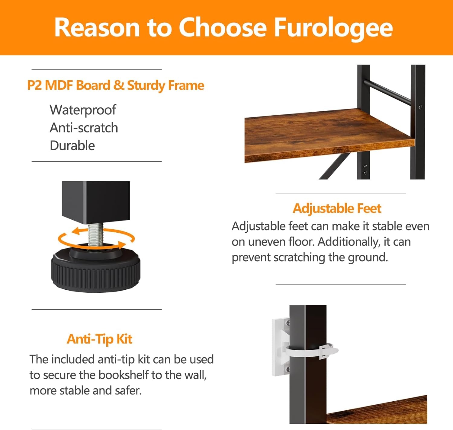 6 Tier Tall Bookshelf, Industrial Narrow Bookcase, Display Standing Shelf Units, Metal and Wood Storage Rack Organizer for Living Room, Home Office, Entryway, Kitchen, Rustic Brown