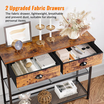 Console Sofa Table with Storage Shelf for Entry Way, Small 30'' Entryway Table with 2 Fabric Drawers, Industrial Display Shelves for Hallway, Entrance, Foyer, Rustic Brown