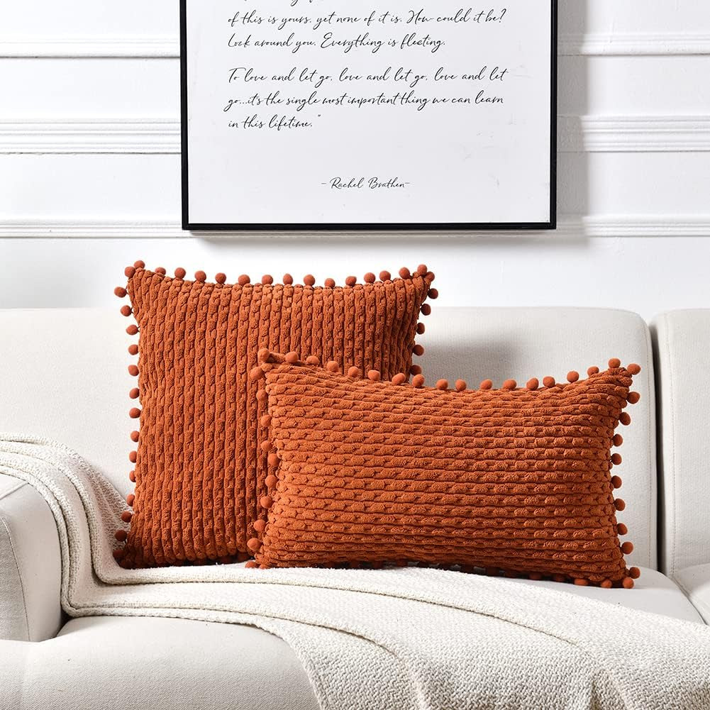 Set of 2 Rust Decorative Throw Pillow Covers 18X18 Inch with Pom-Poms for Couch Bed Sofa, Modern Farmhouse Boho Home Decor, Soft Plush Corduroy Terracotta Cushion Case 45X45 Cm