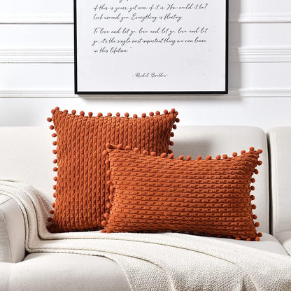 Set of 2 Rust Decorative Throw Pillow Covers 18X18 Inch with Pom-Poms for Couch Bed Sofa, Modern Farmhouse Boho Home Decor, Soft Plush Corduroy Terracotta Cushion Case 45X45 Cm