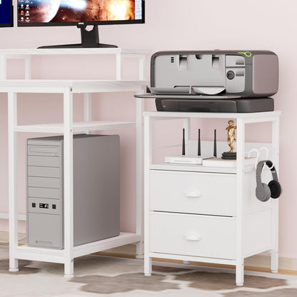 Nightstands Set of 2, End Table with 2 Fabric Drawers, Night Stand with 2 Hooks, Open Wood Shelf Bedside Table for Bedroom/Living Room/White