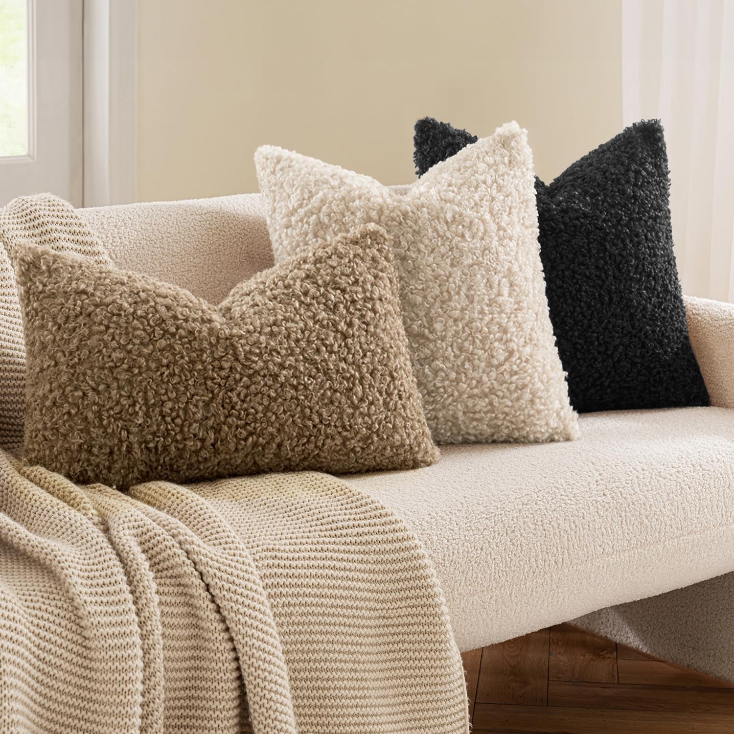 Pack of 2 Throw Pillow Covers 18X18 Inch Neutral Black Faux Fur Decorative Sherpa Pillow Covers Fuzzy Accent Soft Sheepskin Fleece Cushion Cases for Boho Home Decor Couch Living Room Bed