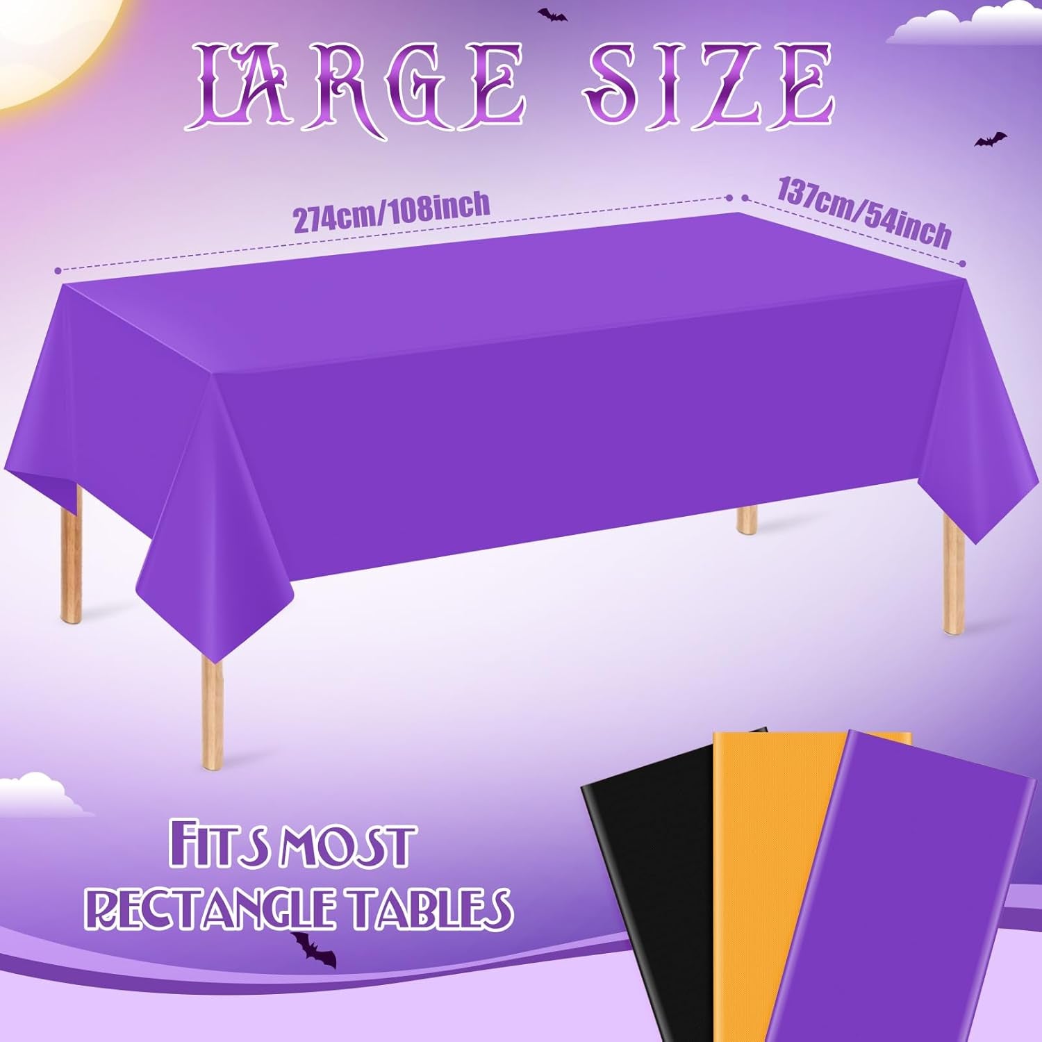 12Pack 54 X 108 Inch Halloween Tablecloths Bulk Plastic Black Purple Orange Table Cloths Disposable Rectangle Table Covers for Halloween Witch Vampire Party Fall Autumn Party Decorations